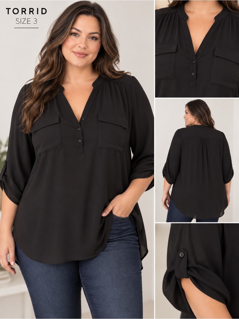 torrid Black V-Neck Popover Tunic with Chest Flap Pockets